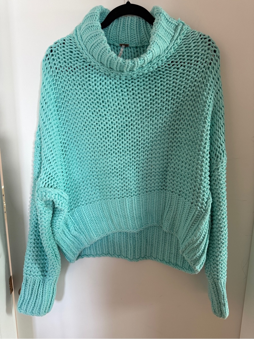 Free People Aqua Chunky Knit Cowl Neck Oversized Sweater M Coastal Boho